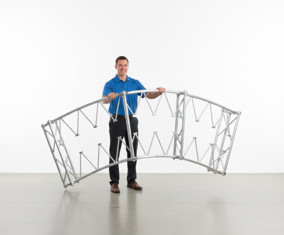 person setting up a pop-up display by expanding the lightweight, collapsible aluminum frame, demonstrating its ease of assembly.