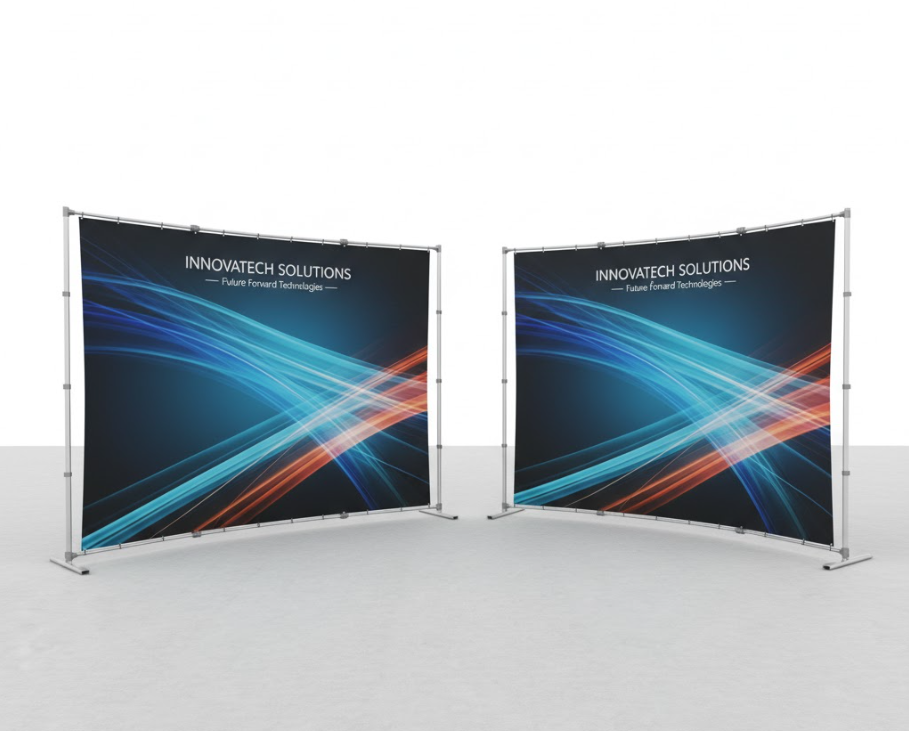 A side-by-side comparison of a straight pop-up display and a curved pop-up display, showing their different shapes and footprints.