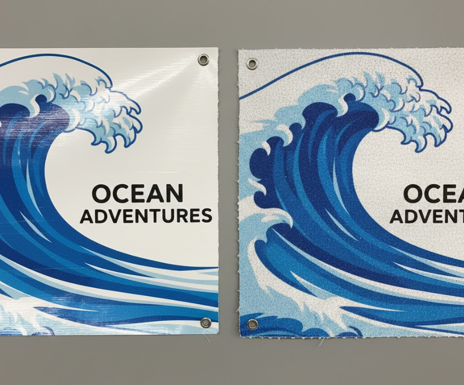 Close-up comparison of smooth vinyl banner material surface versus matte dye-sublimated polyester fabric texture for banner stands.