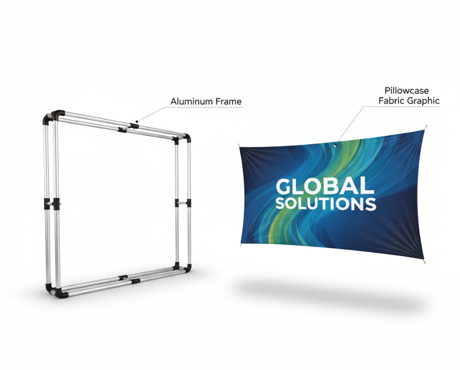 Diagram showing the two core components of a tension fabric display: a lightweight aluminum tube frame and a separate pillowcase-style fabric graphic.