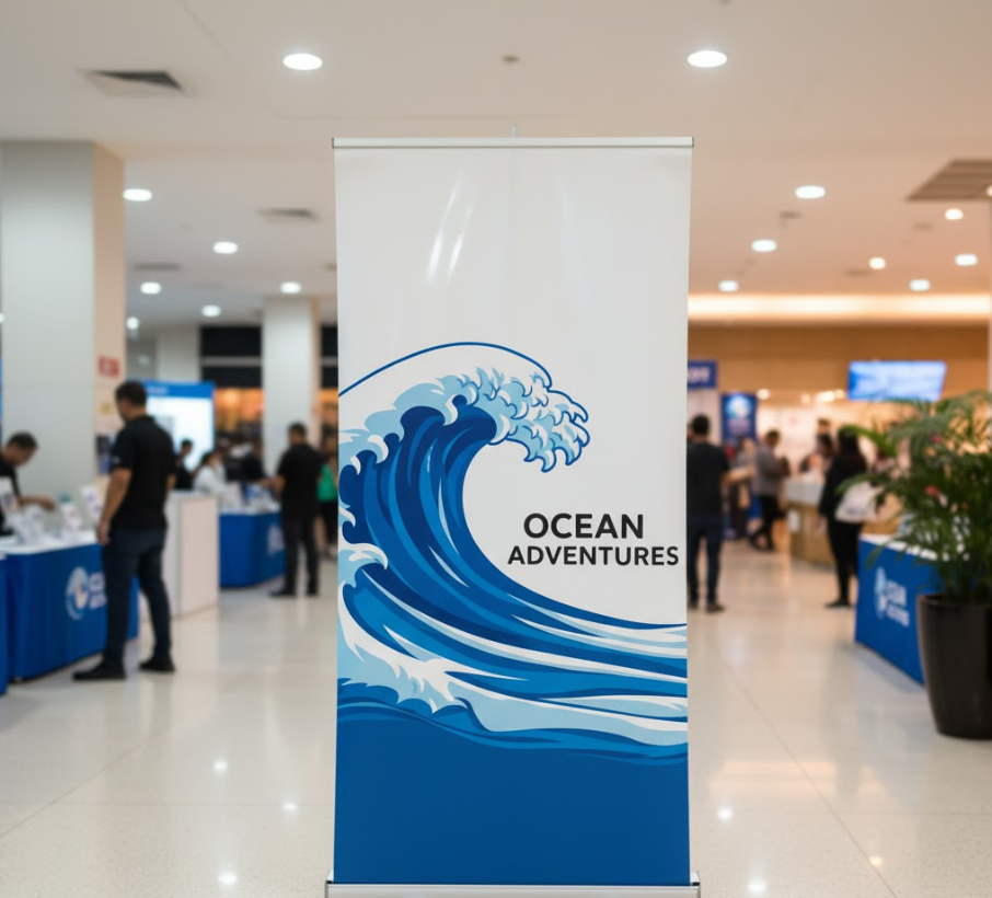 Durable 13 oz vinyl retractable banner stand used as promotional signage in a brightly lit retail environment.