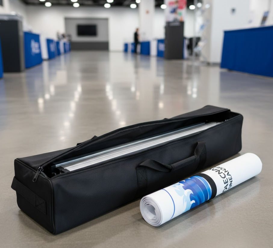 Heavy-duty 1000 denier nylon banner stand carrying case providing durable protection for portable trade show displays.