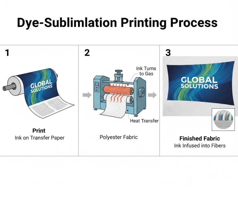 Infographic of the dye-sublimation printing process showing ink from transfer paper turning to gas under a heat press and infusing into polyester fabric fibers.
