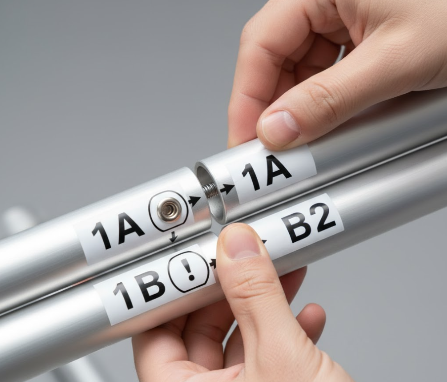 Person easily assembling a tension fabric display by snapping together two numbered aluminum frame tubes, showcasing the tool-free setup.