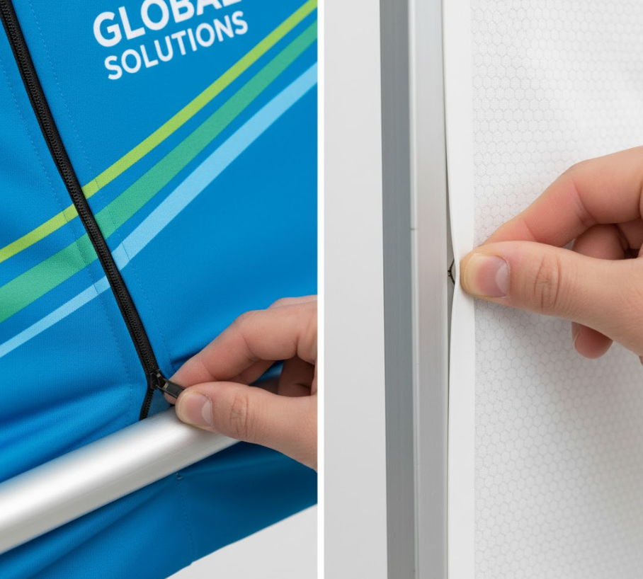 Side-by-side comparison of a pillowcase graphic zipped onto a frame versus a silicone edge graphic (SEG) being inserted into a frame channel.