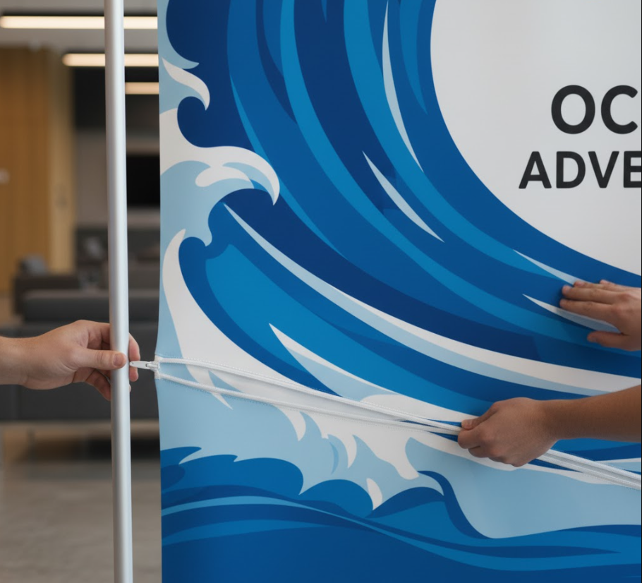 Stretch polyester fabric graphic pulled taut over the aluminum frame hardware of a portable tension fabric display system.