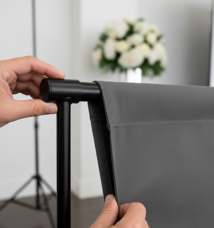 A close-up of a banner's pole pocket with a telescopic stand pole inserted for hardware setup.