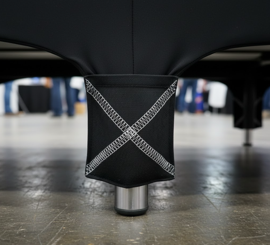 A close-up of a reinforced leg pocket on a black stretch spandex table cover, securing it to the table foot.