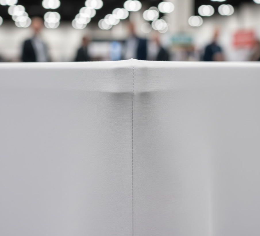 A close-up of the sewn corner on a professional white fitted table cover, showing its tailored, boxy fit.