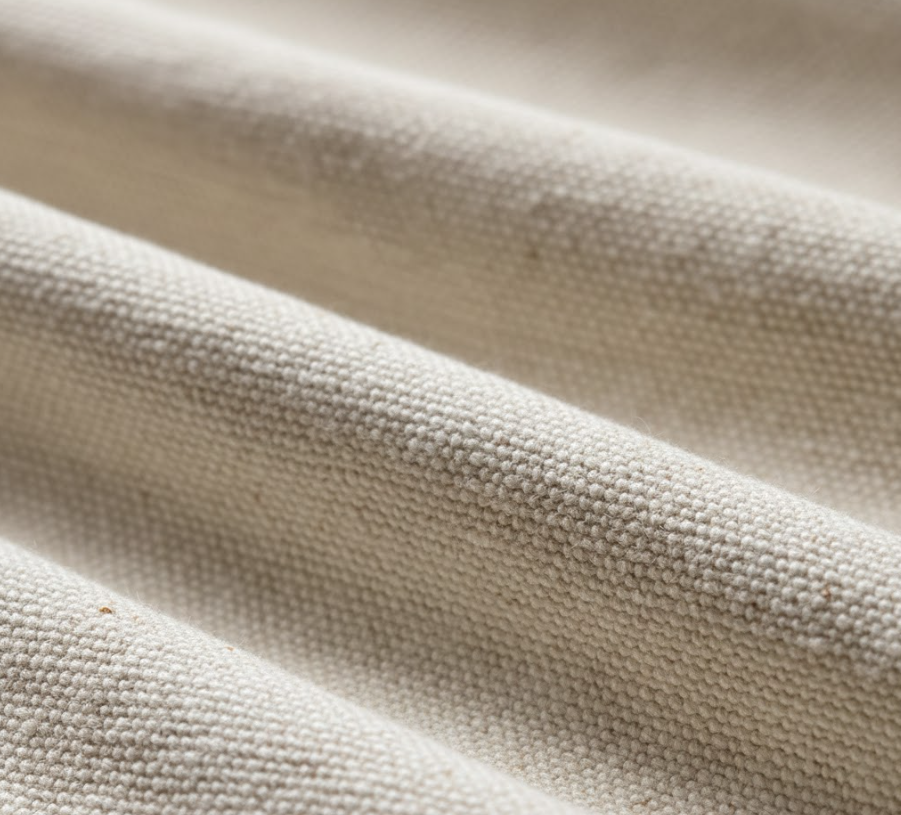 A close-up texture shot of heavy-duty cotton duck canvas, a premium fabric for a durable table throw.