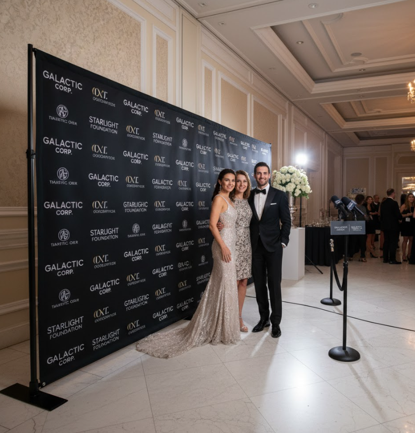 A professional 8x8 step and repeat banner with a non-glare fabric finish and repeating logos at a corporate event.