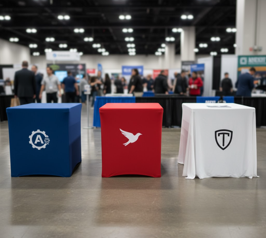 A side-by-side comparison of the three custom table cover styles: a professional fitted cover, a modern stretch cover, and a classic throw-style cover.