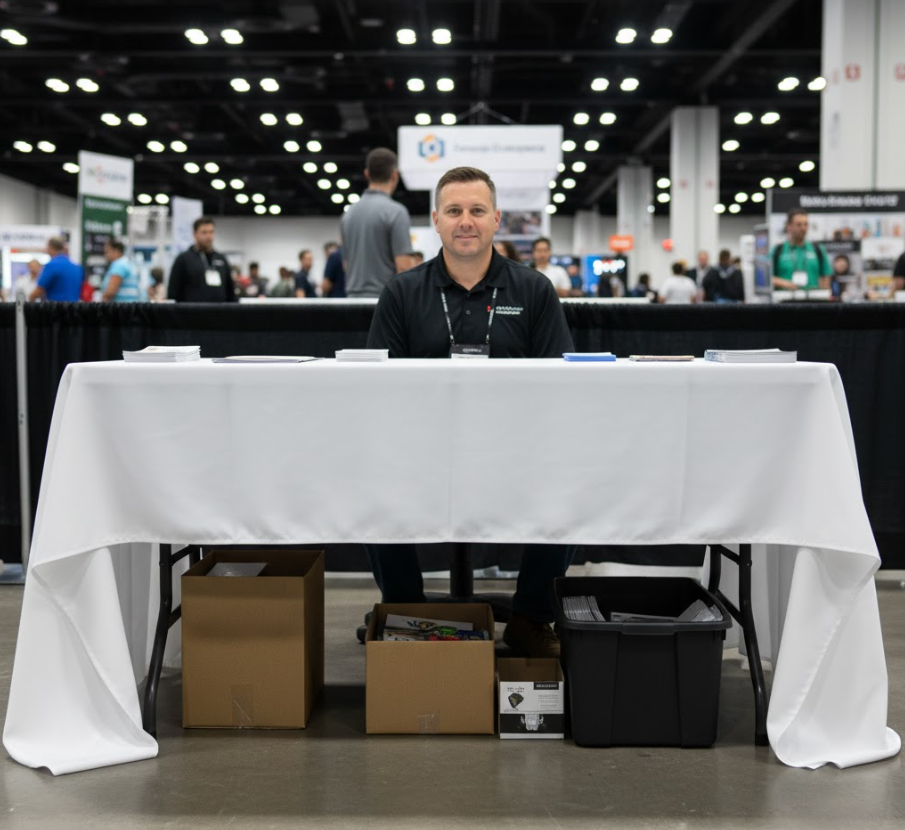 The back of a 3-sided open back table cover at a trade show, showing a person sitting and storage space underneath.