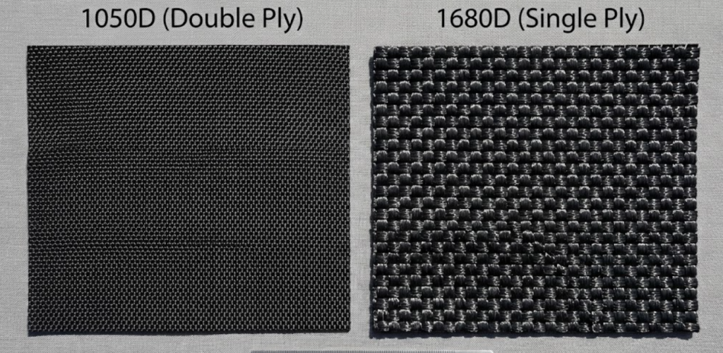Visual comparison of authentic 1050 denier double ply ballistic nylon versus commercial 1680 denier single ply fabric texture.