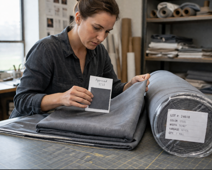 Buyer comparing delivered fabric against an approved swatch and checking lot labels before cutting discounted fabric.