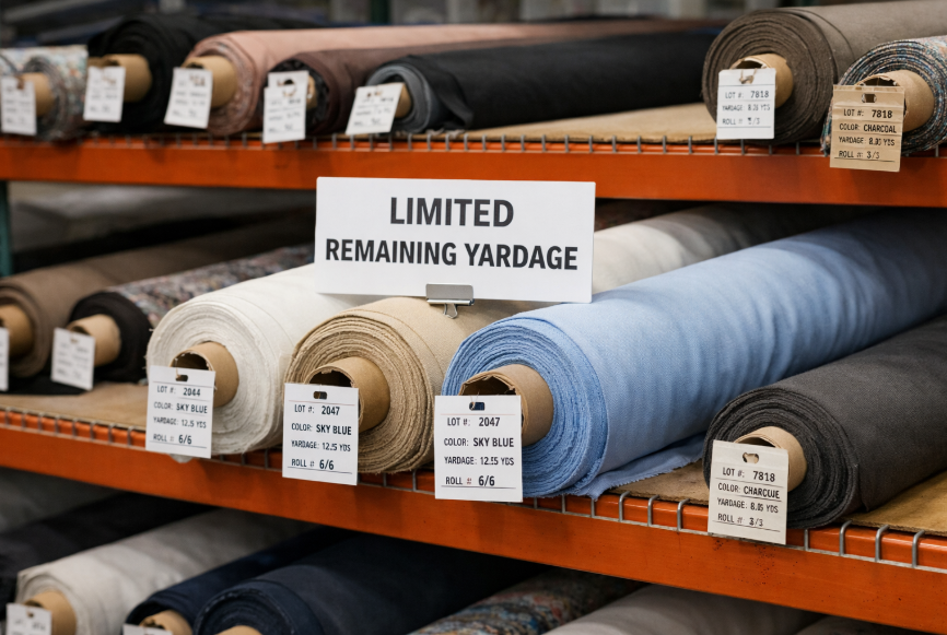 Fabric rolls in a warehouse with one final lot card, showing that closeout fabric may be clean stock with limited reorder availability.