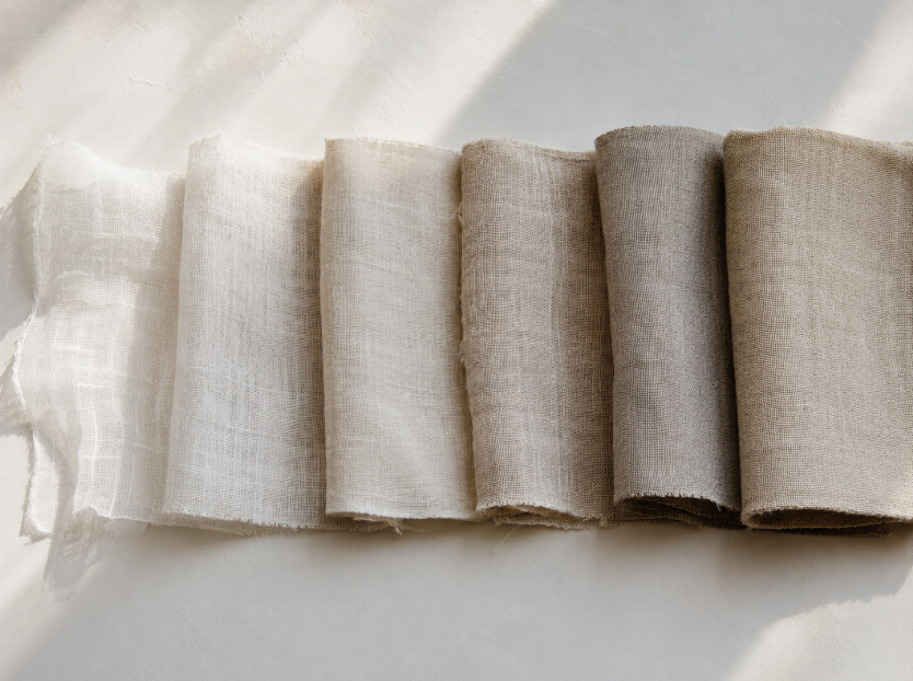 Backlit linen fabric swatches arranged by GSM weight band from lightweight to heavyweight