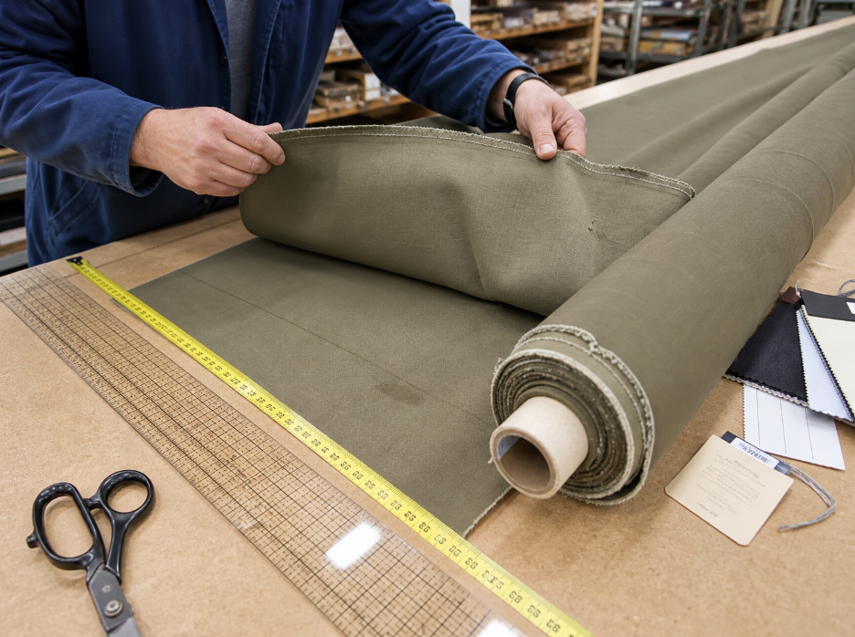 Close-up of a fabric roll end being inspected for usable yardage, edge damage, creases, and fabric quality before purchase