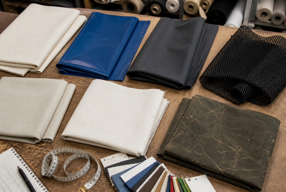 Display of cotton duck canvas, vinyl-coated polyester, nylon, mesh, muslin, artist canvas, and waxed canvas used to compare roll ends and full rolls by fabric type