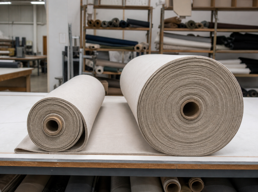 Side-by-side comparison of a fabric roll end and a full fabric roll showing fixed remaining yardage versus continuous roll supply