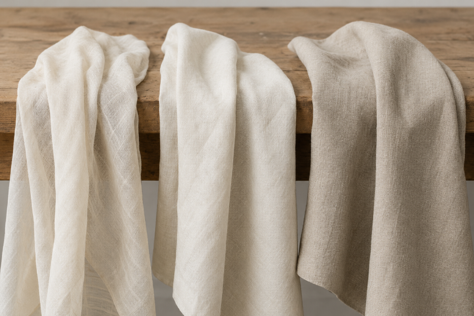 Three linen fabrics draped over a table edge showing different behavior by fabric weight