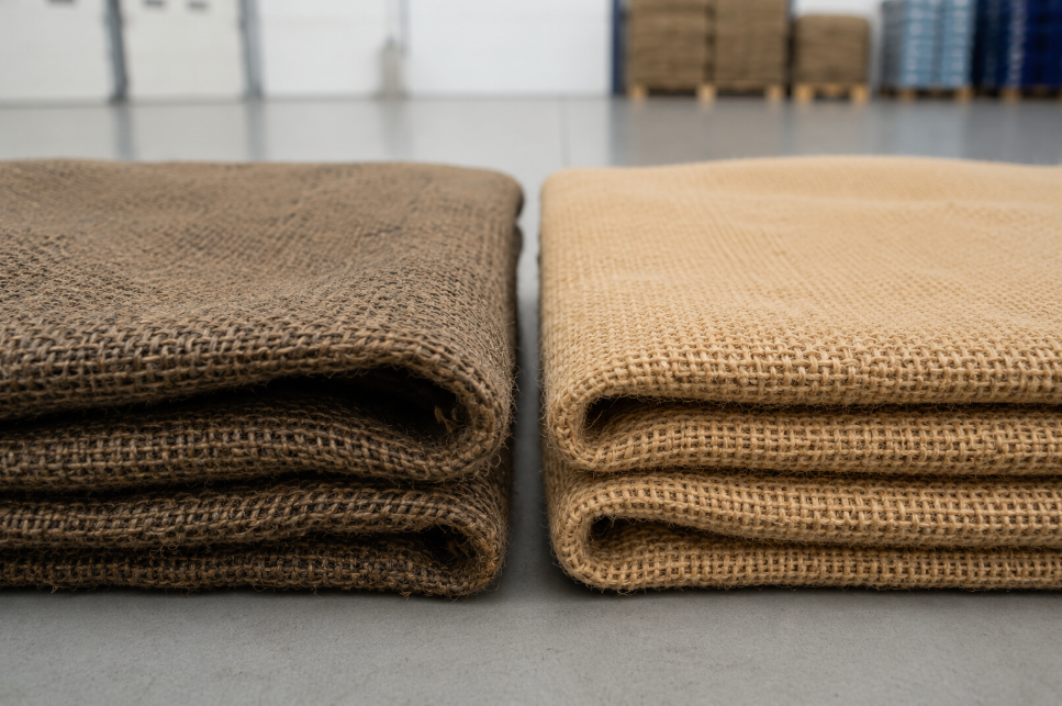 Close-up comparison of a petroleum-treated standard burlap bag next to a clean, certified vegetable-oil-treated food-grade jute sack