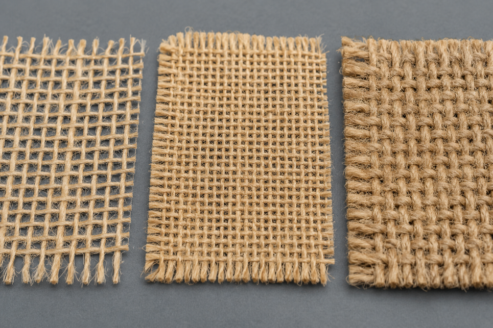 Macro photography comparison of seven-ounce, nine-ounce, and ten-ounce jute burlap weaves showing the visual differences in thread density and thickness
