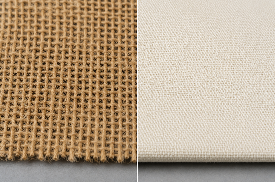 Side-by-side material comparison showing the loose weave of natural jute burlap next to the dense, tight double-fill structure of heavy cotton duck canvas.