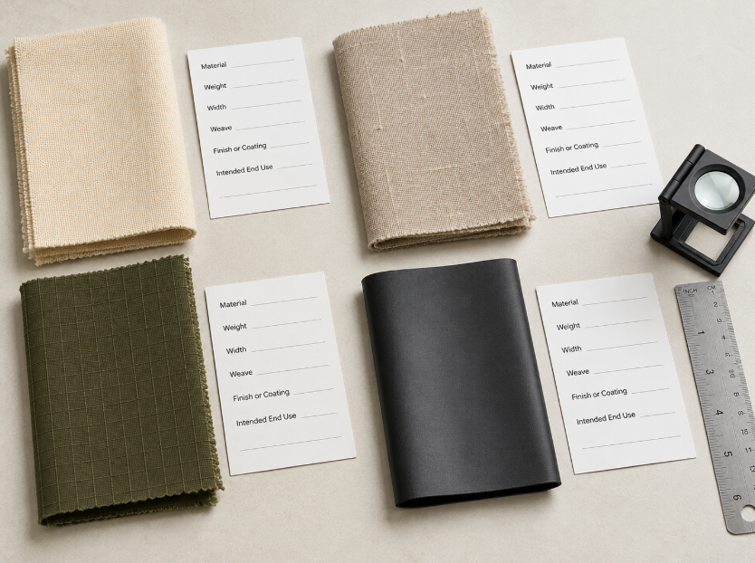 Canvas, linen, ripstop nylon, and coated polyester swatches with material, weight, width, weave, finish, and end-use specification fields.