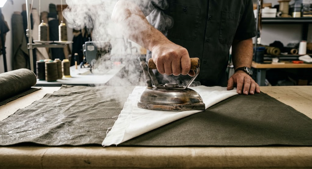 Heavy industrial steam iron pressing slightly damp dark olive green duck canvas on a cutting table using a white cotton press cloth to smooth fibers and eliminate wrinkles.